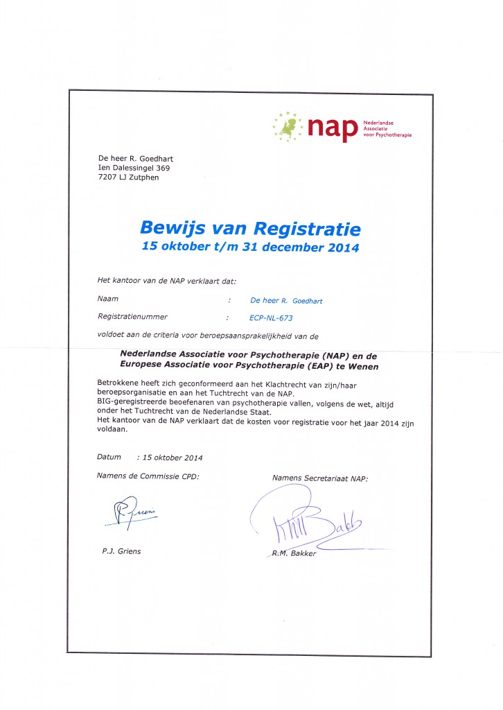 Bewijs van registratie NAP 2014